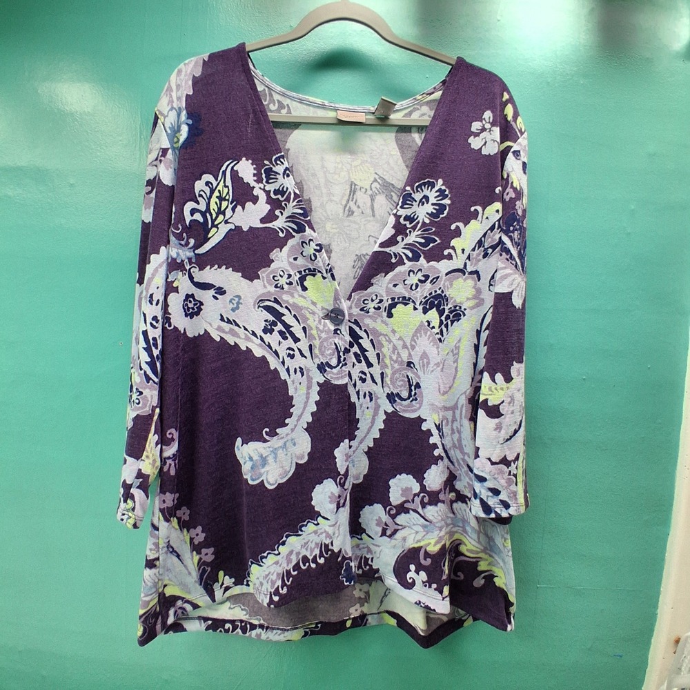 Chico's Easywear Cardigan 2 Purple Paisley Floral Boho Art to Wear Z34